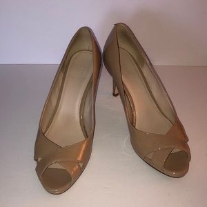 Cole Haan nude patent peep toe pumps